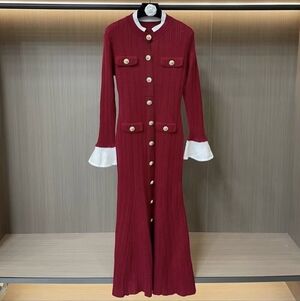 Elegant Red Ribbed Knit Cardigan Dress Gold Buttons Long Sleeve - Size L